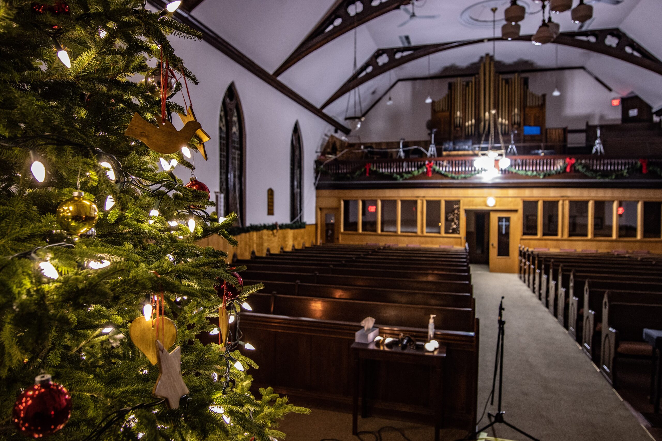 a Christmas tree at the front of the church with empty church pews