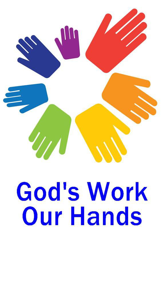 a graphic of 7 hands in a circle that are all different bright colours and sizes. The caption says God's work our hands.