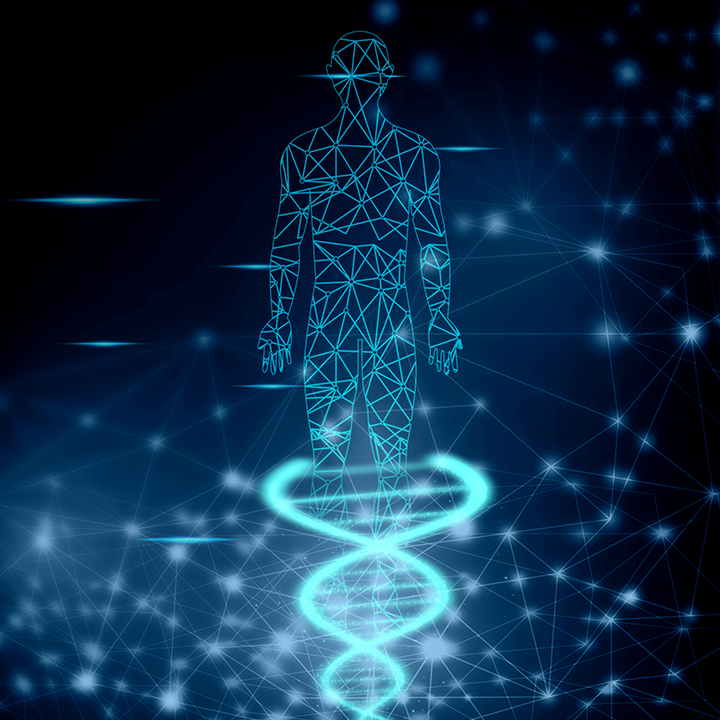 a graphic of the human body and dna representation