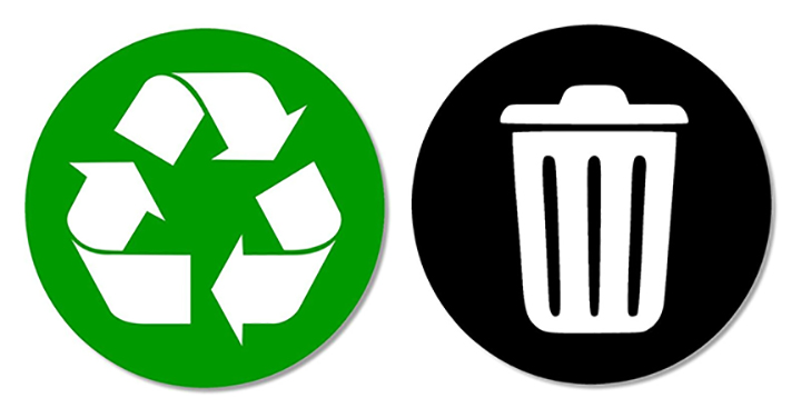 green recycling symbol and white and black garbage can symbol