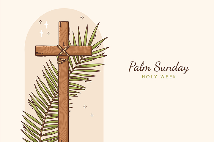 hand drawn cross with a green firm behind symbolizing palm sunday