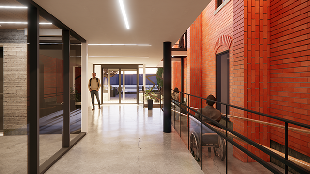 Artist rendering of the Interior Trinity renovation with wood floors wide hallways for accessibility