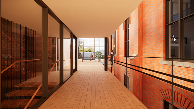 Artist rendering of the Interior Trinity renovation with wood floors and a large glass window down a long hallway