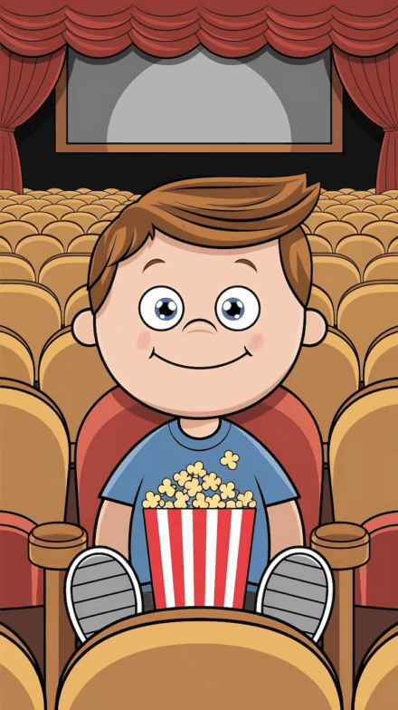 a cartoon graphic of a smiling boy sitting in a movie theatre with a box of popcorn on his lap