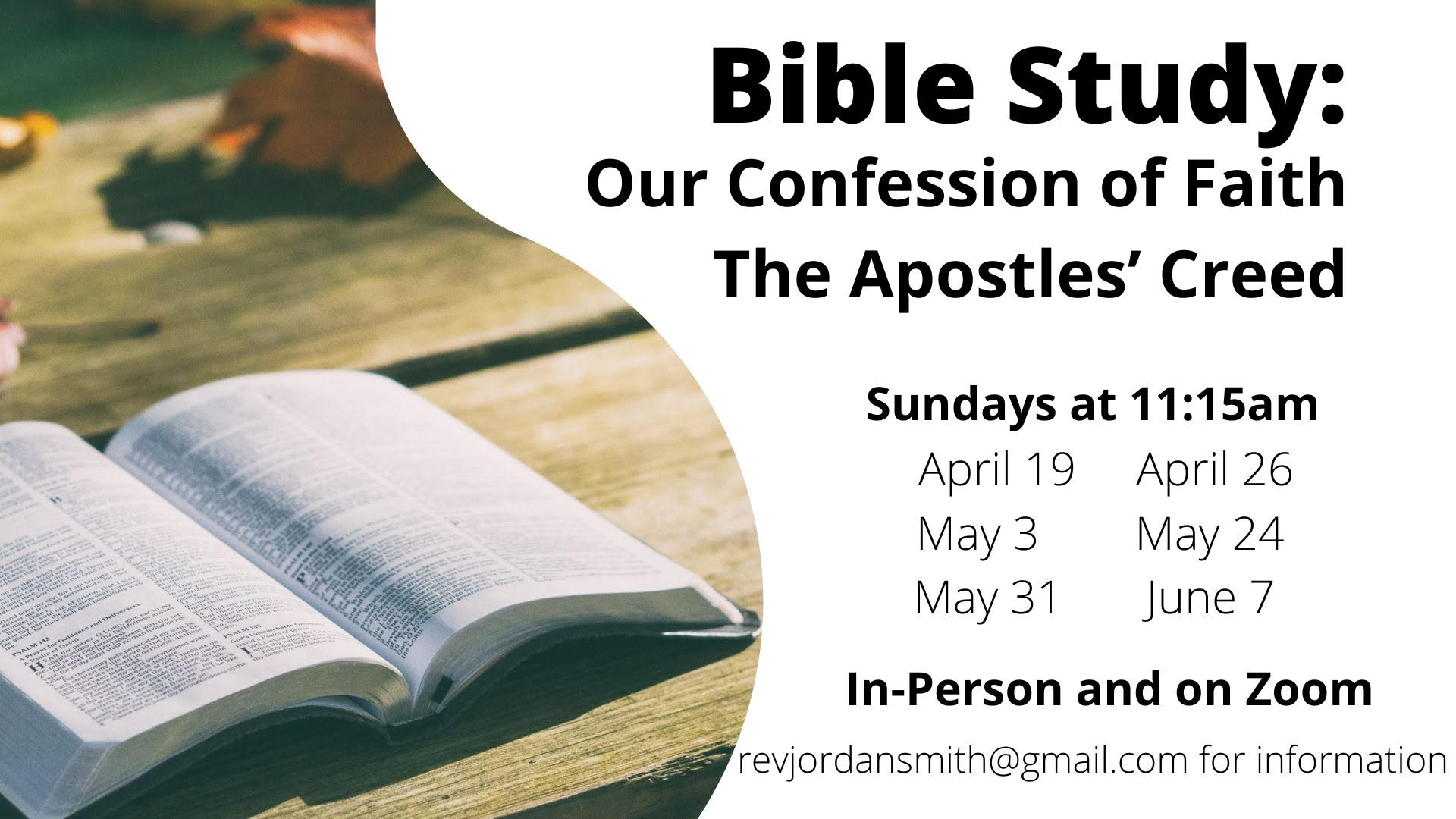 Bible study poster with a photo of a bible