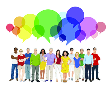 a graphic of a group of people with voice bubbles over their heads